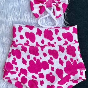 Light Girl Pink Cow Print High Waisted Bummie and Bow Set/Cow Spots Bummies/Cow Print Bummie/Bummie Shorts/Shorties/Bloomers/Diaper Cover