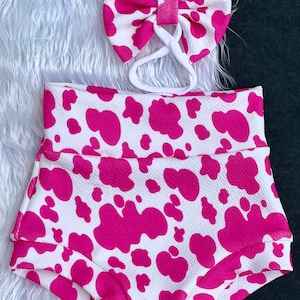 Baby Girl Pink Cow Print High Waisted Bummie and Bow Set/Cow Spots Bummies/Bummie Shorts/Baby Bloomers/Diaper Cover