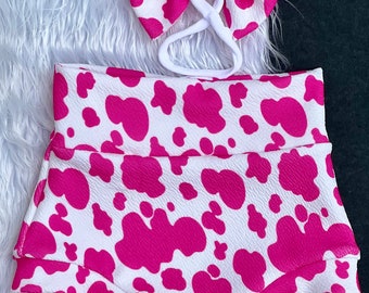 Pink Cow Print Baby Bummie and Bow Set