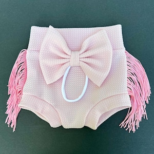 Baby Rosa hoch taillierte Bummie und Schleife Set/Baby Girl Bummie Outfit/Baby Shorts/Windel Cover/ Bloomer/Neugeborene/Kleinkind Bummies/Boho Bummie Set