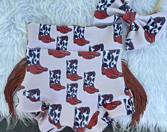Fringed Western Cowboy Boots Baby Bummies Set: Cow Print Outfit