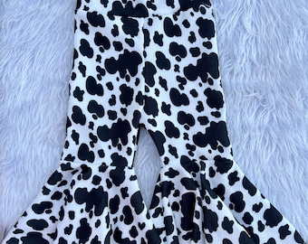Cow Print Bell Bottoms/Baby Girl Bell Bottoms/Baby Girl Bells/Cow Spots Bell Bottoms/Preemie Bell Bottoms/Girls Bell Bottom Pants/Flare Legs