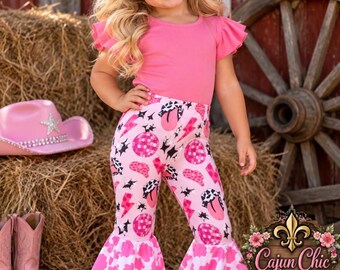Baby Disco Cowgirl Bell Bottoms: Pink Cow Print Flare Pants