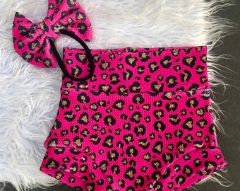 Hot Pink Leopard Bummie and Bow Set, Glitter Animal Print