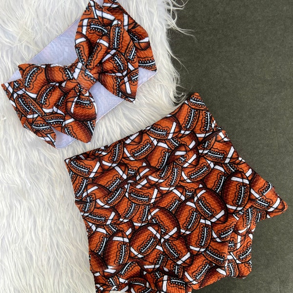 Football High Waisted Baby Girl Bummies/ Girl Football Outfit/Boy Football Bummies/ Bummie and Head Wrap Set/ Bummies/Shorts/Shorties/baby