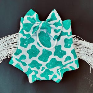 Cow Print Fringed Bummie Outfit /Baby Girl High Waisted Bummie/Baby Cowgirl Outfit/Western Baby Outfit/Teal Glitter Rawhide Fringe Bummies