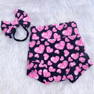 Rosa Diamanten Valentinstag Herz Baby Bummie und Schleife Set/Valentinstag Baby Mädchen Outfit/Hoch taillierte Bummies/Bummies/Diaper Cover/ Bloomers