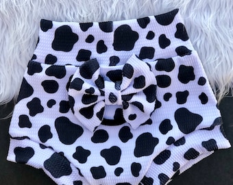 Cow Print High Waisted Bummie Set, Baby Bloomers, Bow