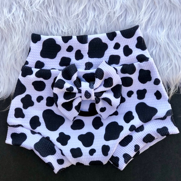 Cow Print High Waisted Bummie Set/Cow Girl Outfit/Cow Spots Bummies/Shorts/Shorties/Baby Bottoms/Diaper Cover, Bloomers/Moo Cow Bummies