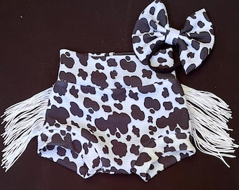 Baby Girl Black Cow Fringe Bummies and Bow Set – Boho Western Style