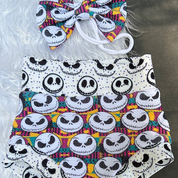 2Pc. Sally And Jack Patches Nightmare Before Christmas Bummie Set/Baby Girl Hight Waisted Sally and Jack Bummies/ Shorts/Shorties/Cake Smash