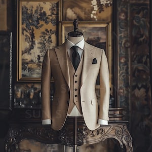 Premium and Luxury BEIGE 3 Piece Suit with Classic Finish Three Piece Slim Fit Suit For Men&#39;s, Groom & Groomsmen Suit For Wedding and party