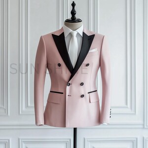 Classic PINK Tuxedo Double breasted Style with Black Lapels 2 Piece Slim Fit Suit For Men Groomsmen Suit For Wedding, Classic Tailored Suit