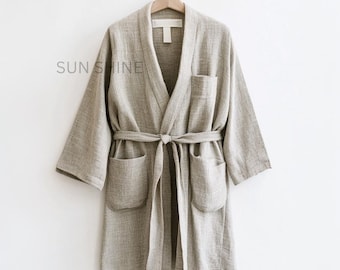 Gray Linen Robe: Lightweight Kimono Bath Robe, Unisex Loungewear