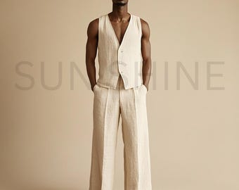 Handmade Light Beige Linen Suit: Relax Fit, Beach Summer Style