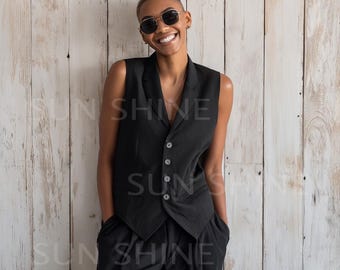 Black Sleeveless Pantsuit: Women's Tailored Vest & Trousers