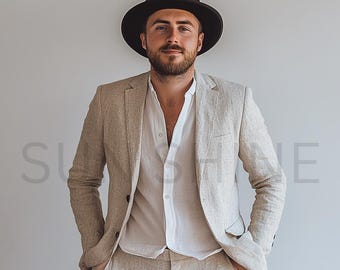May include: A man wearing a light beige linen suit jacket and matching pants. He is also wearing a white button-down shirt and a black fedora.