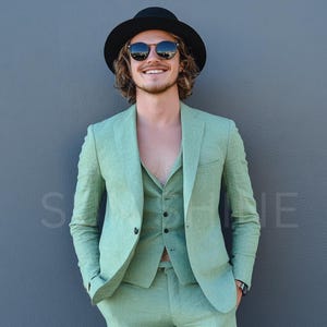 Beautiful SAGE GREEN Linen Suit, Men Linen Suit, 3 Piece Wedding Groom Linen Suit, Groomsmen Linen Suit, Summer Linen, Best Gift for Men&#39;s