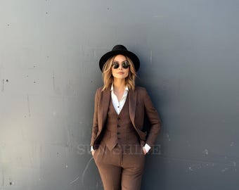 Handmade Brown Linen 3-Piece Suit: Women's Relax Fit