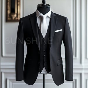 Premium BLACK 3 Piece Suit with Classic Finish Three Piece Slim Fit Suit For Men&#39;s, Groom & Groomsmen Suit For Wedding, Tailored Suit,