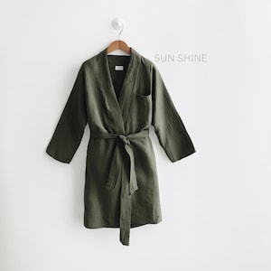 Lux Green Linen Bathrobe, Comfortable Gauze Unisex Long Kimono Robe, Lightweight and Comfort Thin Stylish Loungewear, Best Gift for Unisex