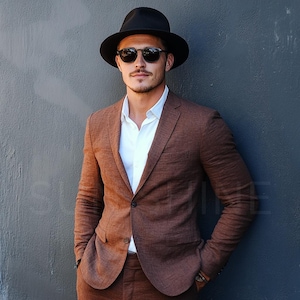 Luxury BROWN Linen Suit, Men Linen Suit, 2 Piece Wedding Linen Suit, Groomsmen Linen Suit, Summer Linen Suit, Classic Linen Suit Men,