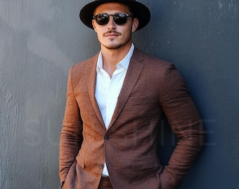 Traje de lino marrón de lujo: traje de boda de 2 piezas para hombre