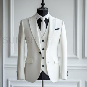 Premium WHITE 3 Piece Suit with Classic Finish Three Piece Slim Fit Suit For Men&#39;s, Groom & Groomsmen Suit For Wedding, Tailored Suit,