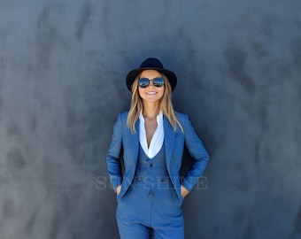 Handmade Dark Sky Blue Linen Suit: Women's 3-Piece Relax Fit
