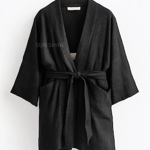 Luxury Black Linen Bathrobe, Comfortable Gauze Unisex Long Kimono Robe, Lightweight & Comfort Thin Stylish Loungewear, Best Gift for Unisex
