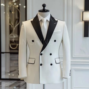 Classic WHITE Tuxedo Double breasted Style with Black Lapels 2 Piece Slim Fit Suit For Men Groomsmen Suit For Wedding, Classic Tailored Suit