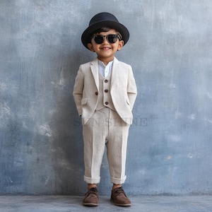 Pretty BEIGE Linen Suit For boys, 3 Piece Wedding Linen Relax Fit Suit, Boys Birthday Outfit Linen Suit, Summer Linen Suit, Linen Suit Boys,