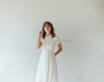 Robe en lin blanche, jupe large Lisbon, manches courtes