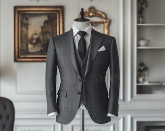 Abito da sposo slim fit grigio scuro: completo da cerimonia a tre pezzi.