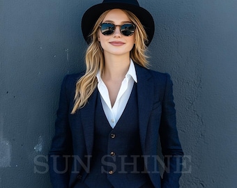 Handmade Dark Blue Linen Suit: Women's 3-Piece Relax Fit