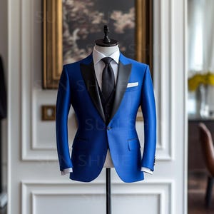 Modern and Elegant ROYAL BLUE Tuxedo with Black Lapels Three Piece Slim Fit Suit For Men, Best Groom & Groomsmen Suit For Wedding Men&#39;s Suit