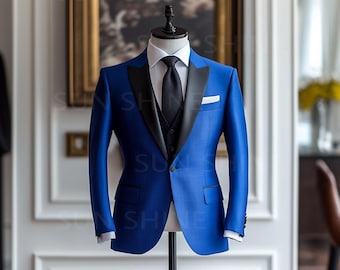 Royal Blue Tuxedo Suit: Slim Fit 3-Piece Wedding Suit with Black Lapels