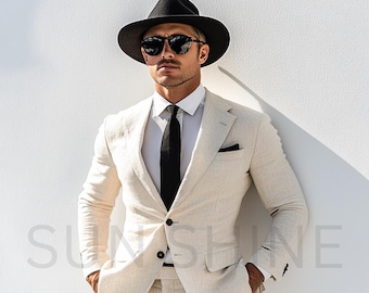 Handmade Light Beige Linen Suit, Men's Two Piece, Wedding Groomsmen
