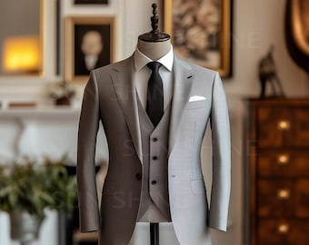 Abito da sposo slim fit grigio chiaro: completo a tre pezzi in misto lana.