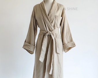 Handgemaakt beige linnen gewaad, uniseks gaas kimonoloungewear