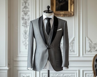Slim Fit Grey Tuxedo Suit: Black Lapels, with Modern Tailoring