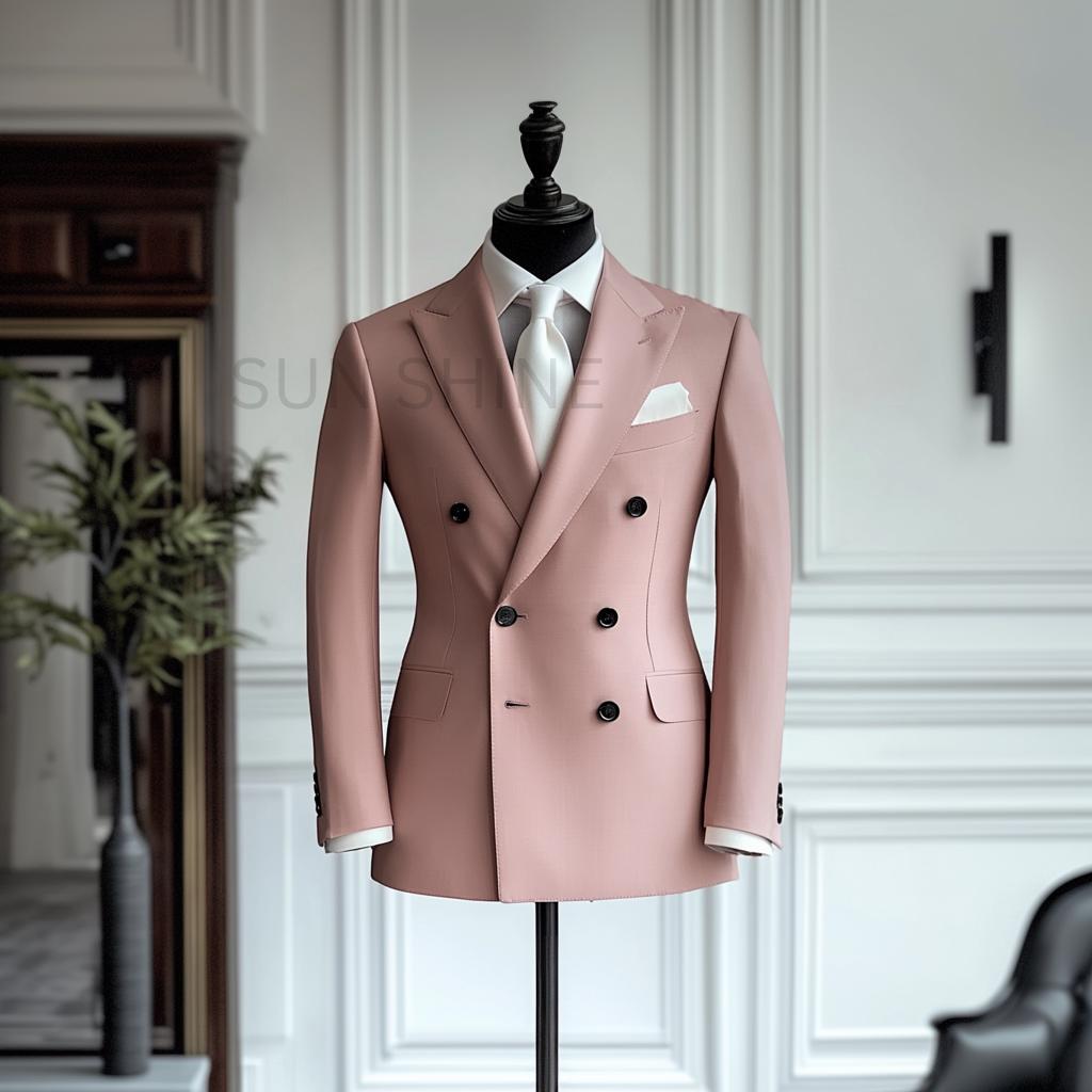 Vintage Pink 2 Pieces Solid Color Flax Slim Fit Men's Suits main image 0