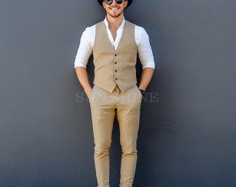 Handmade Dark Beige Linen Suit: 2-Piece Wedding Groom Suit