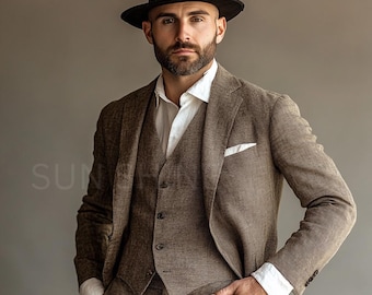 Traje de lino marrón hecho a mano: Traje de novio de 3 piezas para boda.