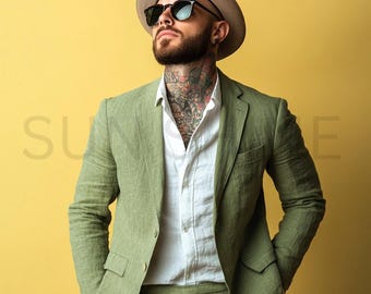May include: A man wearing a green linen suit with a white linen shirt underneath. He is wearing a brown fedora hat and sunglasses.