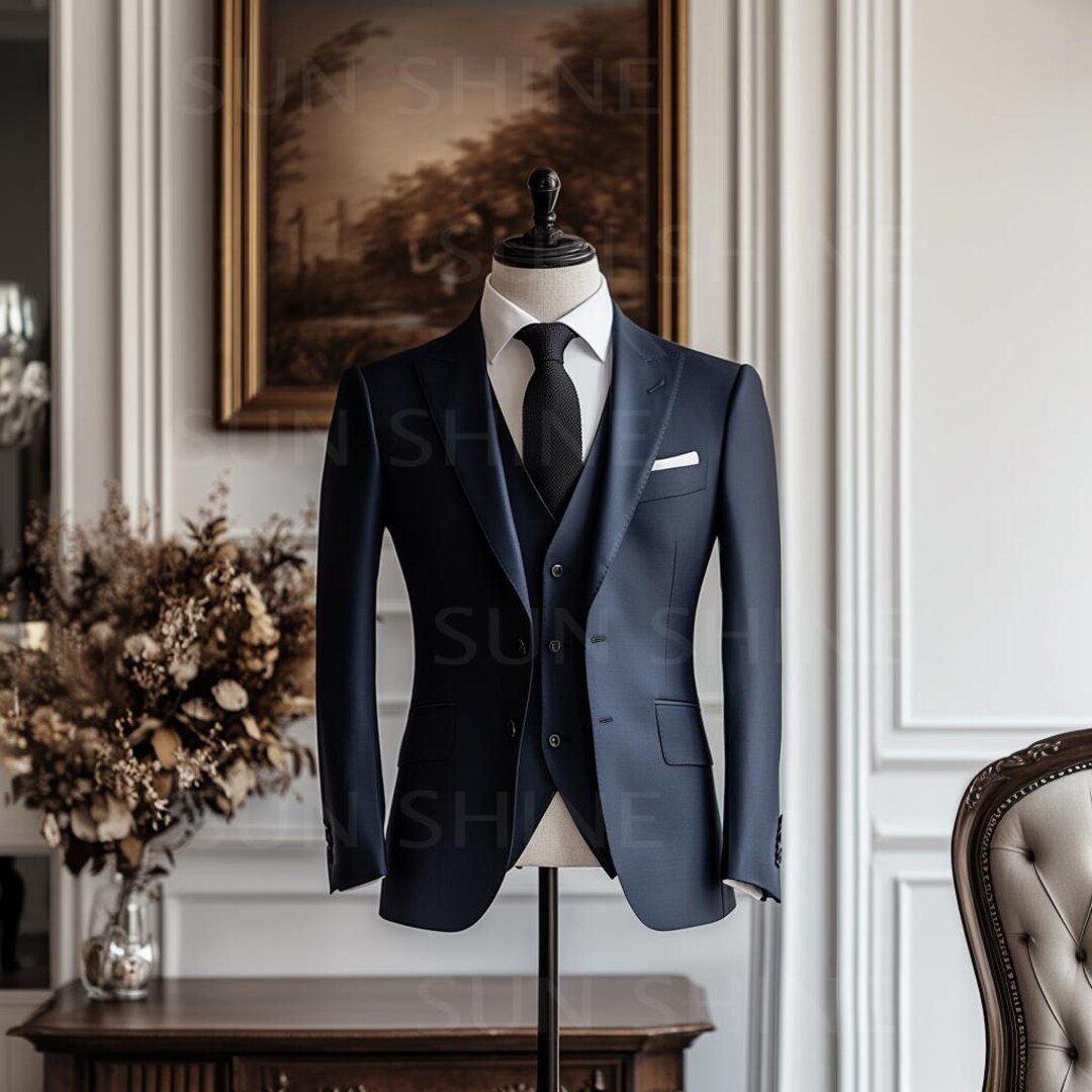 Traje azul marino ajustado: traje de boda de piezas para hombre