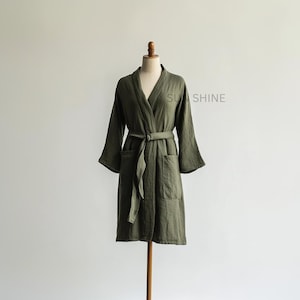Green Linen Bathrobe, Comfortable Gauze Women Long Kimono Robe, Lightweight and Comfort Thin Stylish Loungewear, Best Gift for Women