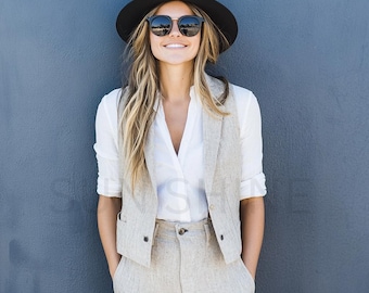 Handmade Beige Linen Suit: Women's Two Piece Waistcoat & Pants