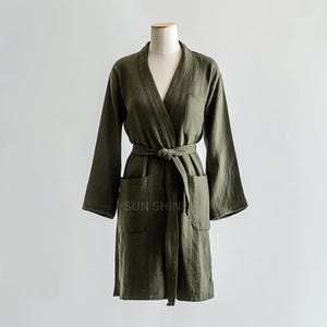 Lux Green Linen Bathrobe, Comfortable Gauze Women Long Kimono Robe, Lightweight and Comfort Thin Stylish Loungewear, Best Gift for Women