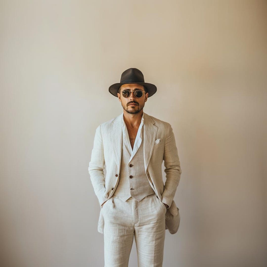 3 Piece Linen Suit - Beige Mens Suit - Vested summer Suit